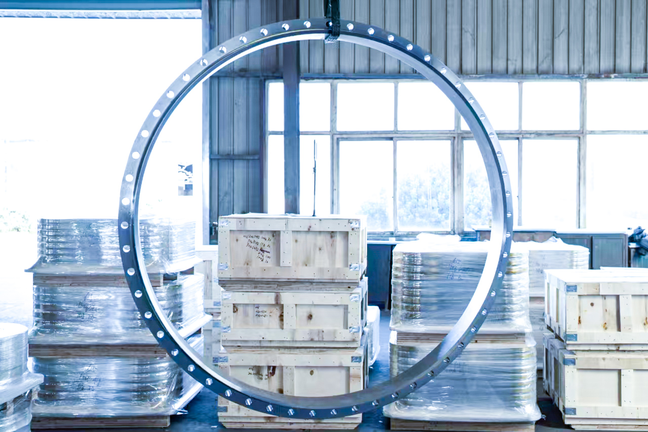 Large flange and ring in workshop